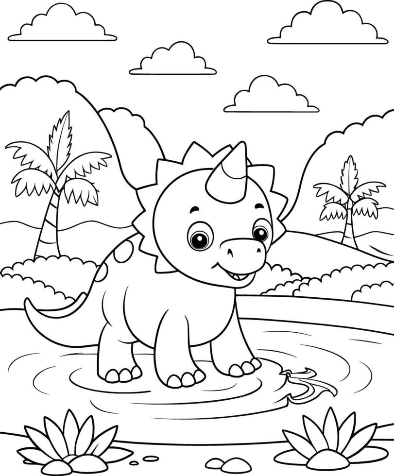 Triceratops Near a River Coloring Page for Kids - Cute and Adorable vector