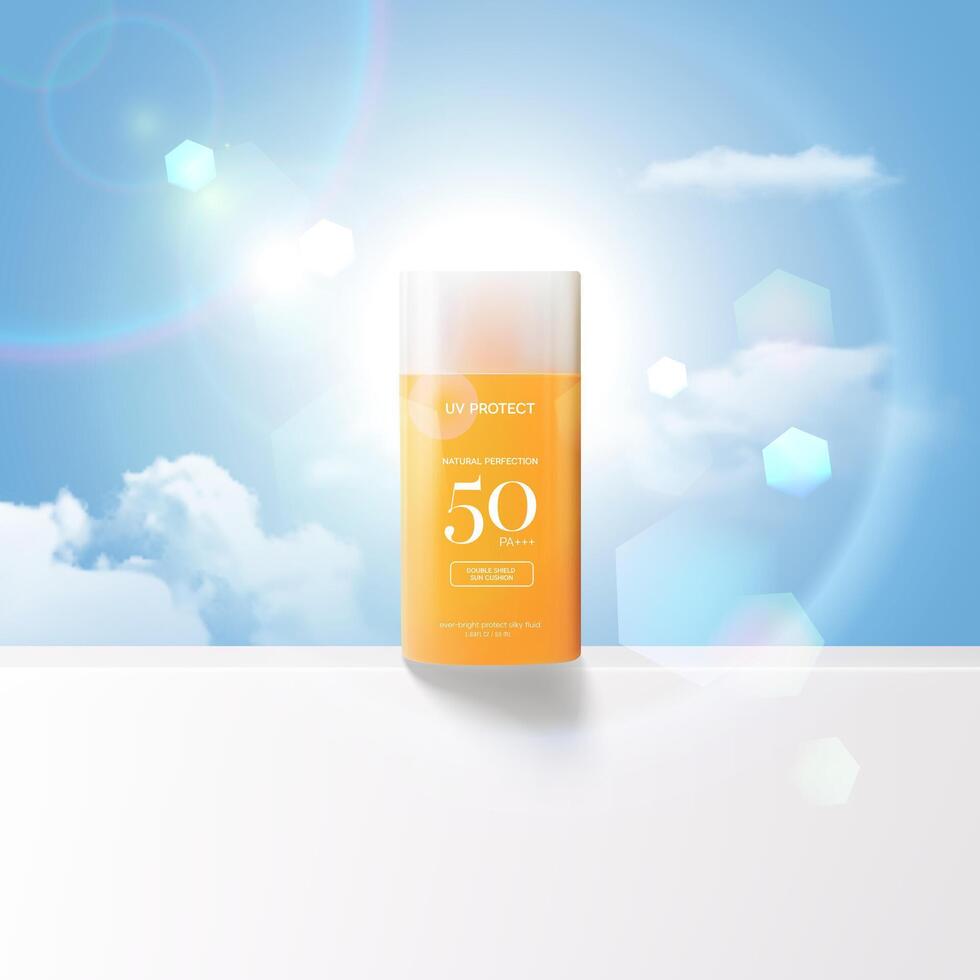 Summer sunscreen for skin protection,realistic cosmetic bottle mock up. vector