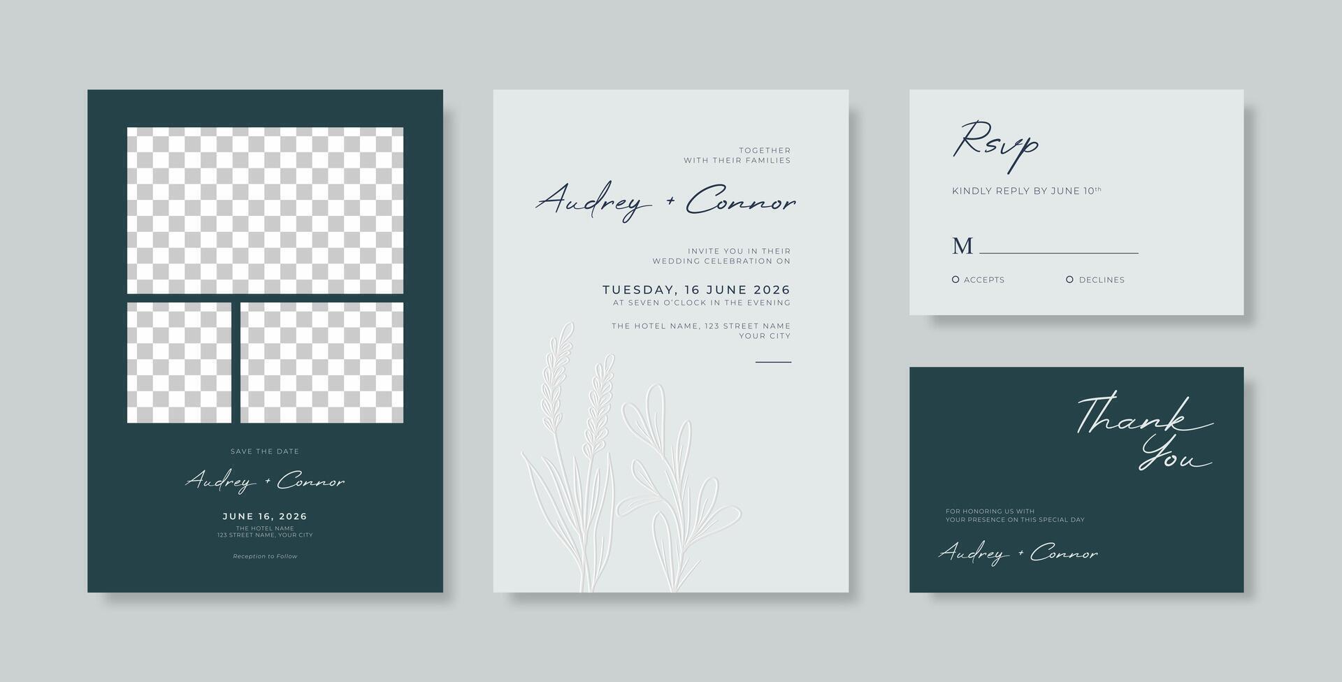 Beautiful navy and white wedding invitation template with beautiful eucalyptus vector