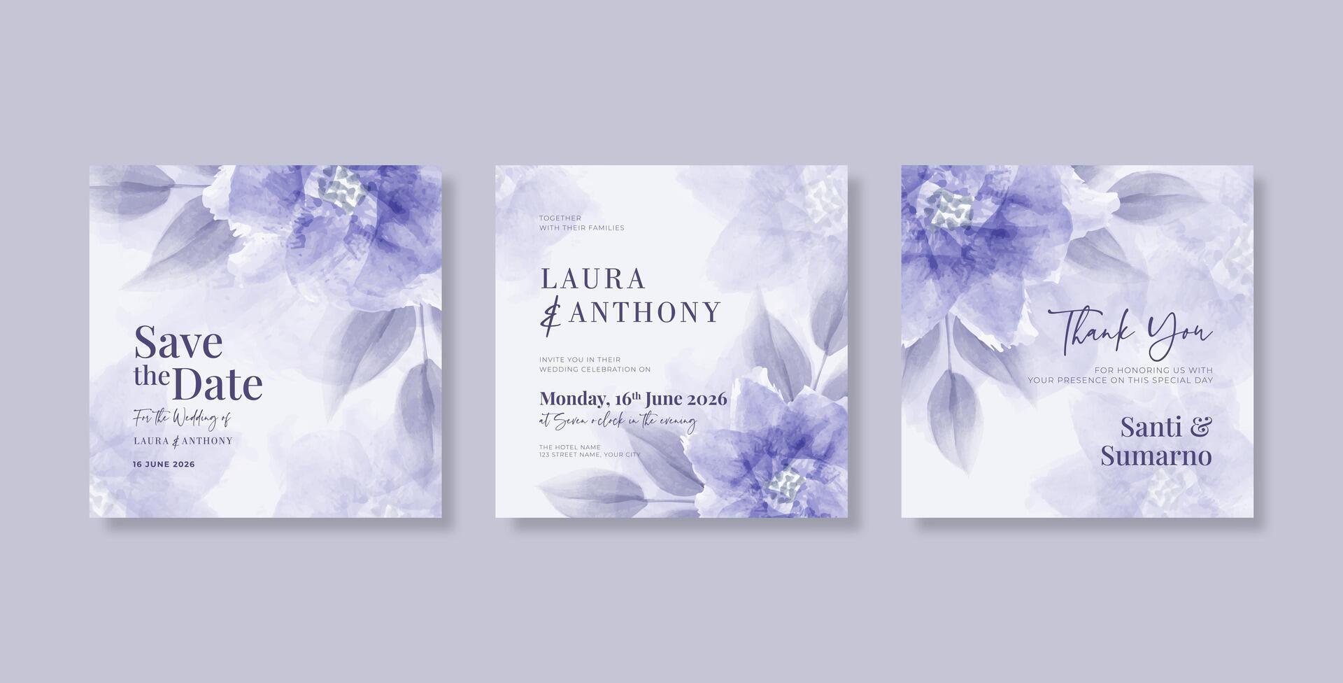 Purple wedding invitation template with beautiful watercolor flower vector