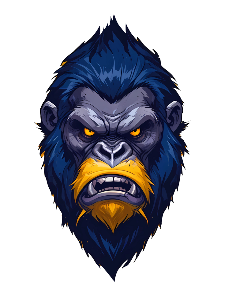 Fantasy gorilla head with yellow eyes and blue fur on a transparent background png