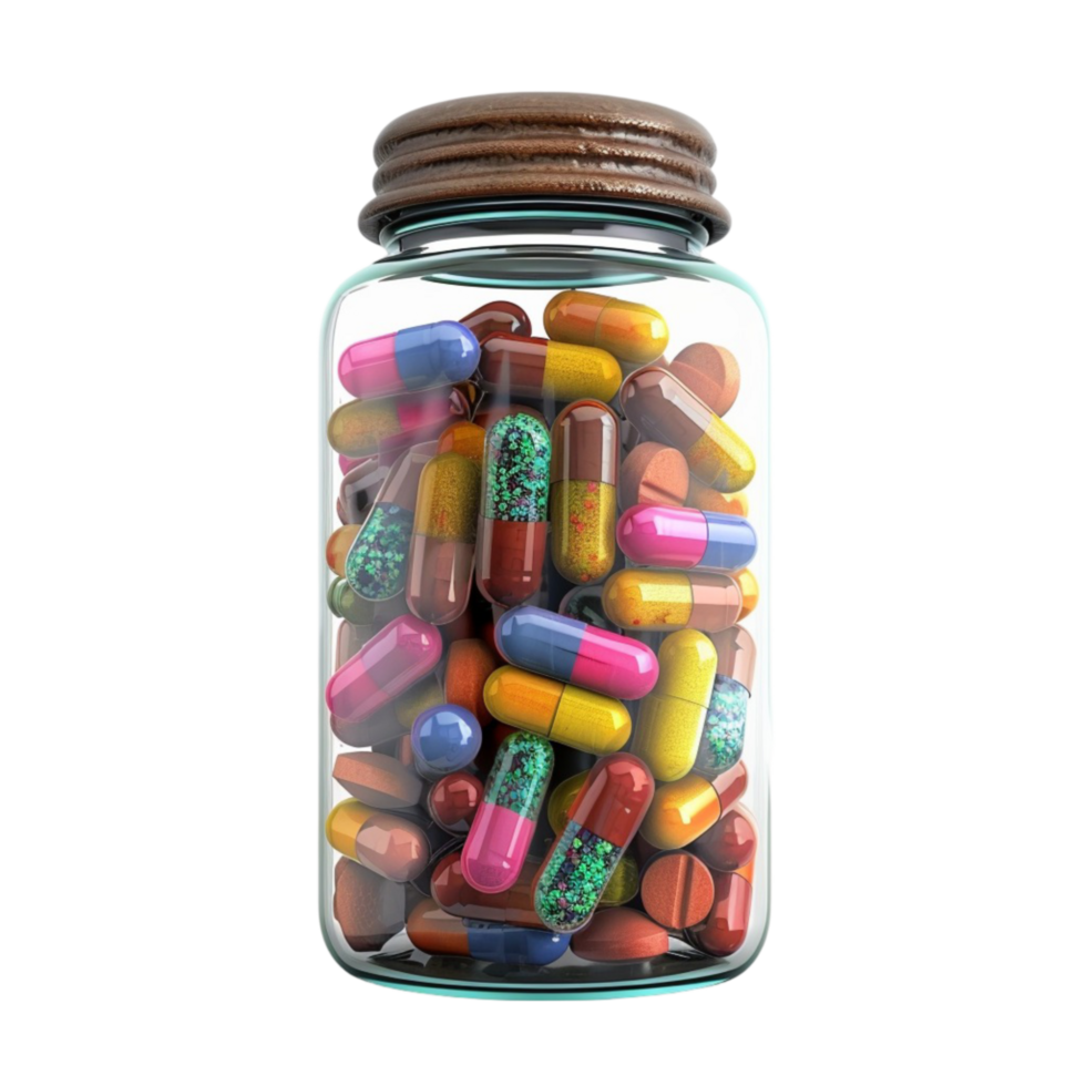 A jar filled with pills and capsules on a transparent background png