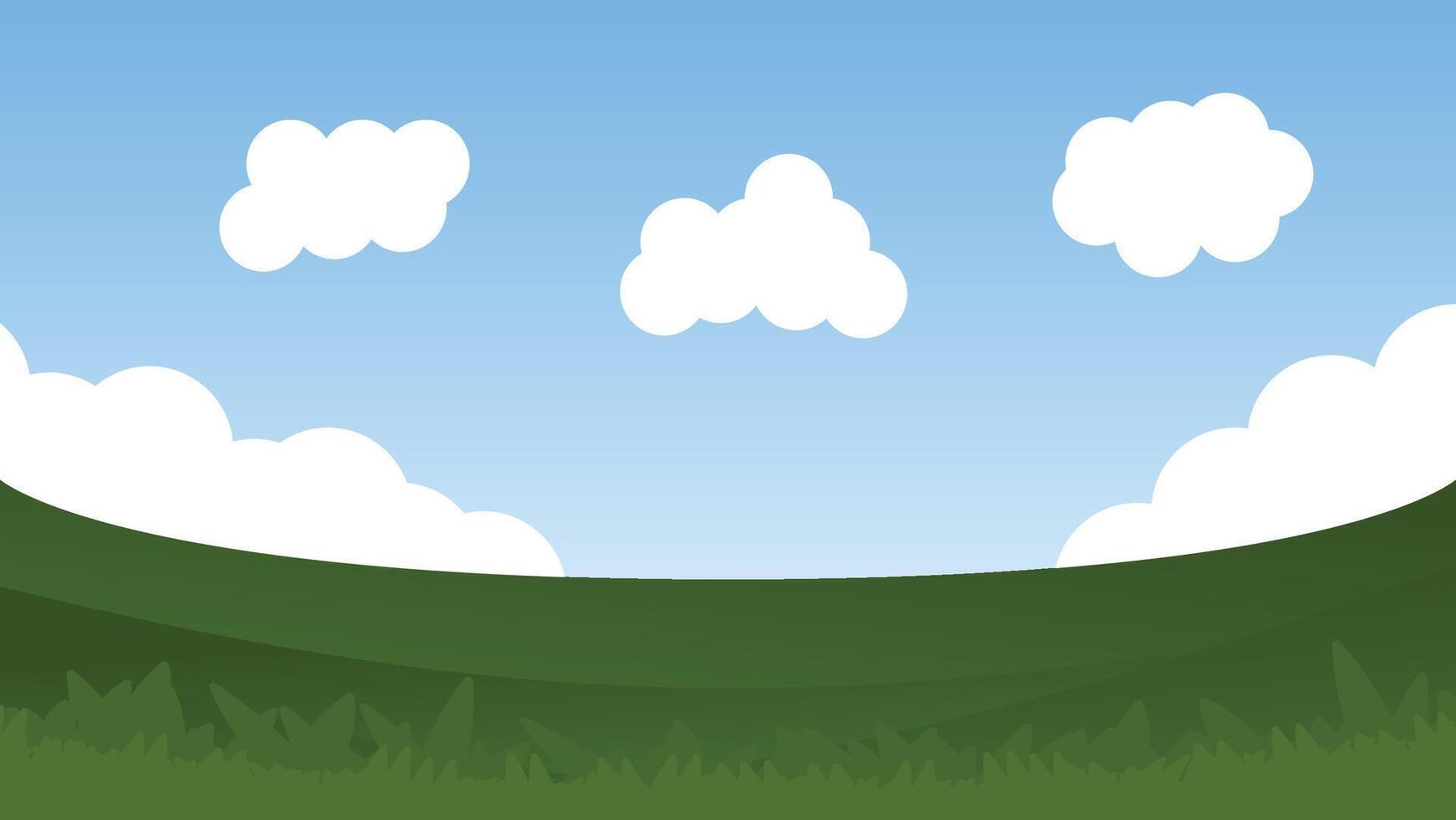 nature landscape cartoon scene. green field with white fluffy cloud and blue sky background vector