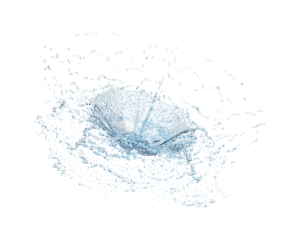 3d water splash transparent, clear blue water scattered around isolated. 3d render illustration png