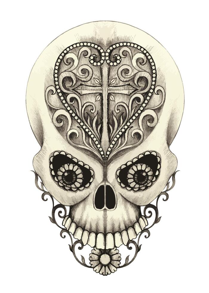 Art vintage heart mix skull design by hand drawing on paper. vector