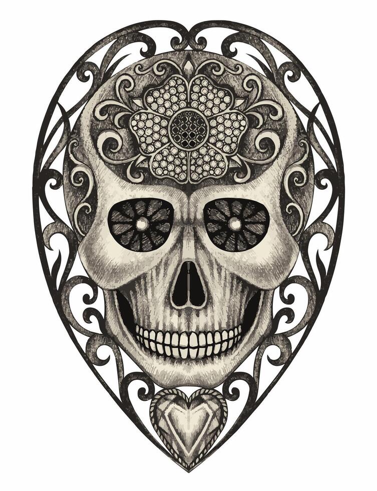 Art vintage heart mix skull design by hand drawing on paper. vector