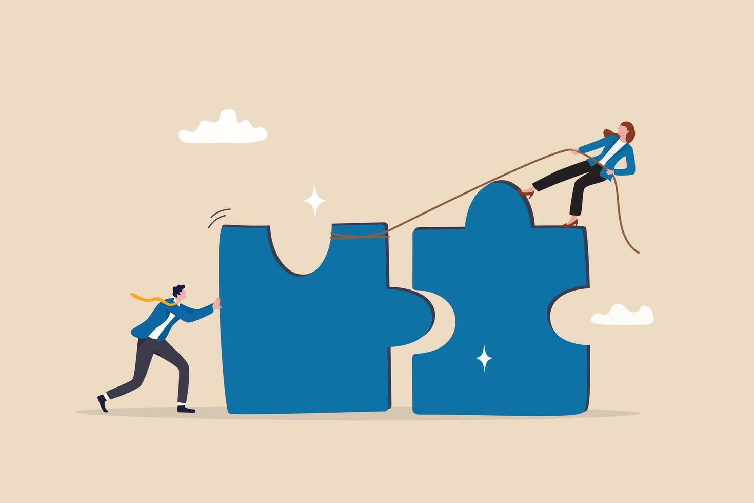 Jigsaw puzzle connection, teamwork partnership to help solve problem or challenge, cooperation or brainstorm to fit and match jigsaw pieces concept, businessman and woman help connect jigsaw puzzle. vector