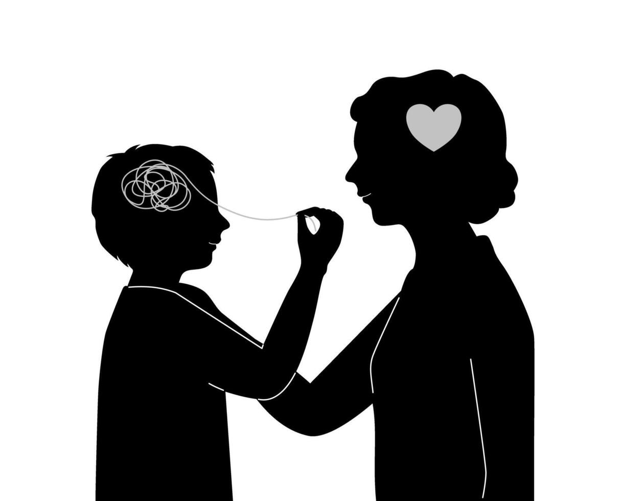 Silhouette of a child boy understand his stress and mother supporting him, self-aware concept. vector