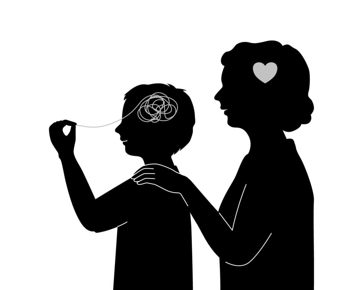 Silhouette of a child boy understand his stress and mother supporting him, self-aware concept. vector