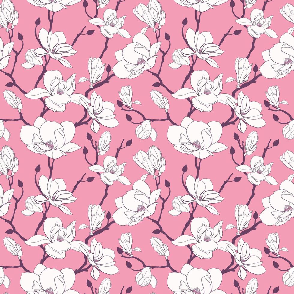 A pattern of magnolia branches in a retro style on a pink background vector