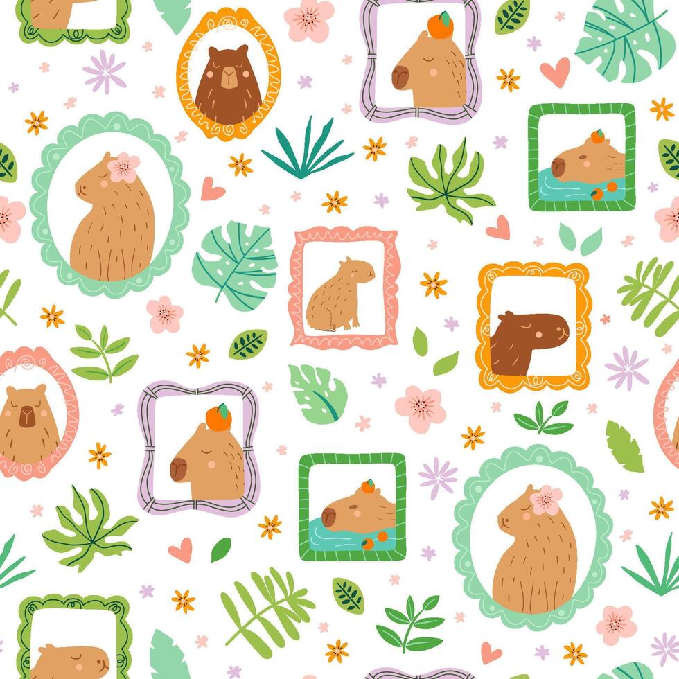 Capybara portrait seamless pattern design. Cute animal portrait in frame on the jungle wall. Summer print, background, funny floral wallpaper, patchwork textile design. Childish cartoon paper. vector