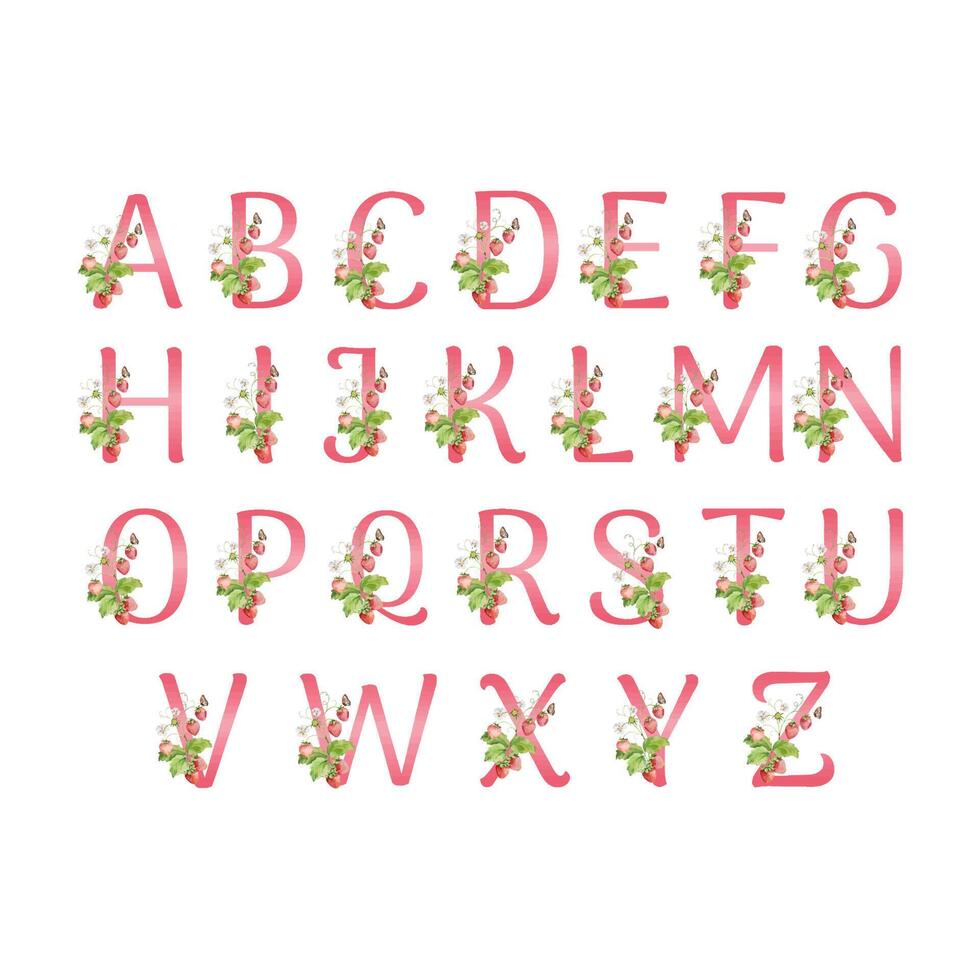 Red Alphabet set with watercolor strawberry, leaves, flowers and vector