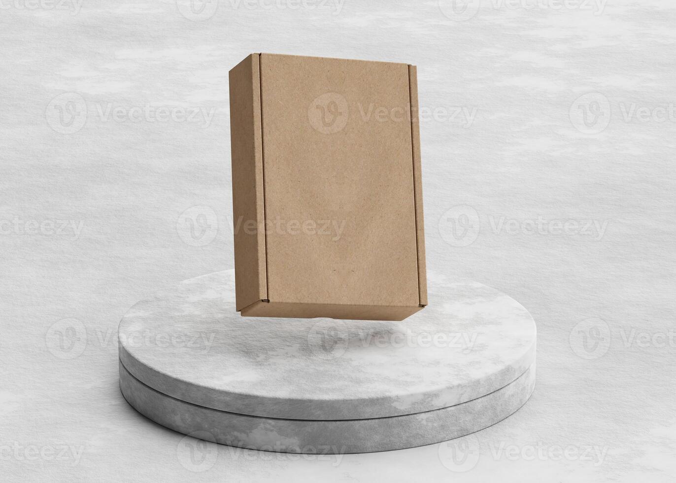 Floating Cardboard box on the rock pedestal with texture use for mockup photo