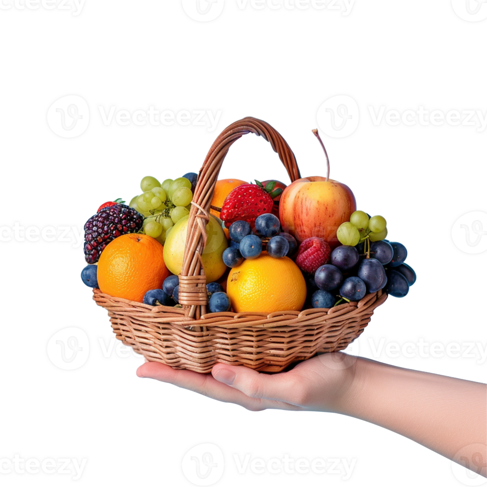 A basket of fruits hand holding isolated on transparent background, Ai png