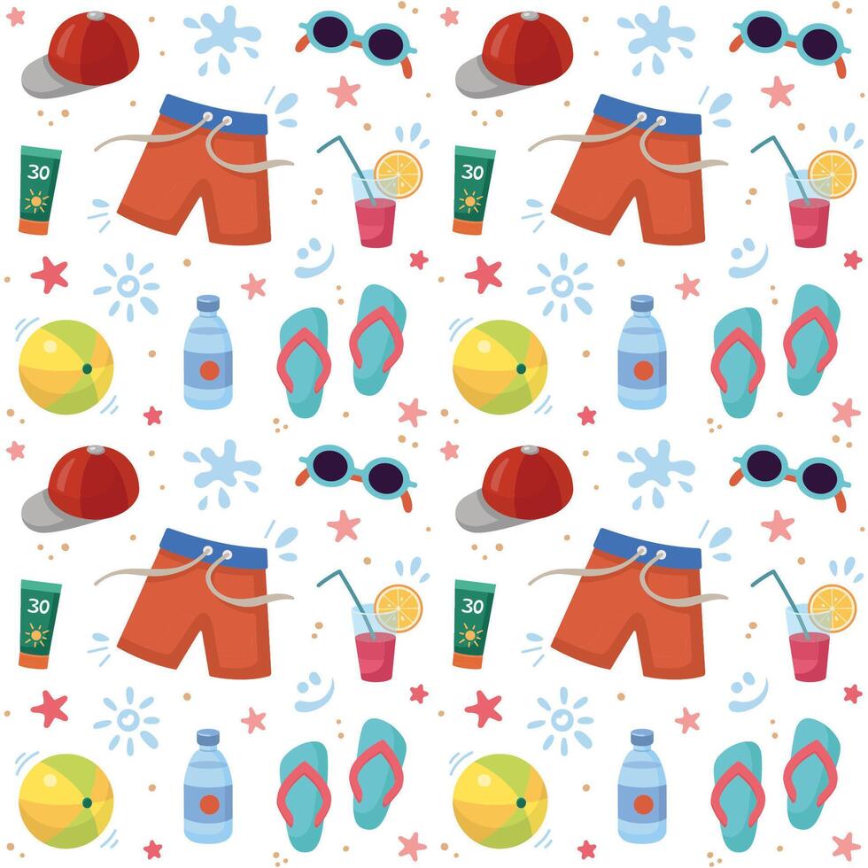 Male Beach accessories seamless pattern. Beach holidays, vacation concept. Flat design, cartoon illustration. Strokes of sunscreen cream. Flat design vector