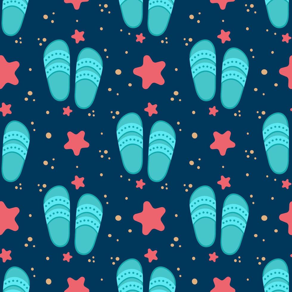 Flip flops icon with starfishes seamless pattern. Cute texture for summer design. Beach vacation concept. Cartoon illustration isolated on white. Flat design. vector