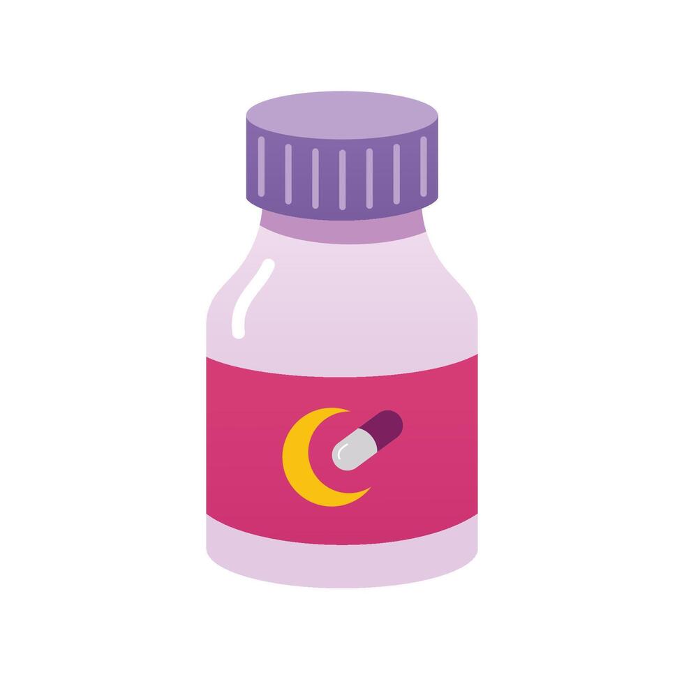 Bottle of sleeping pills. Dormitive tablets. pills for better sleeping. Cartoon illustration, flat design. Cartoon illustration, flat design. vector