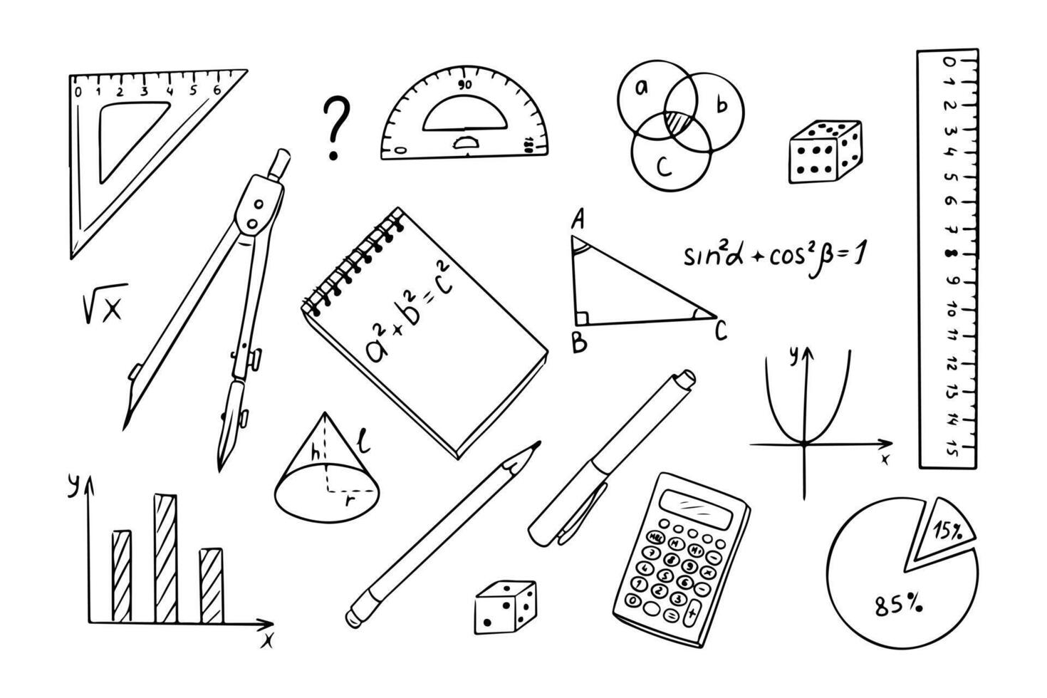 Math items contour doodle collection with stationary and charts. Monochrome educational outline stickers. Clipart of sketchy outline drawings isolated on white background vector