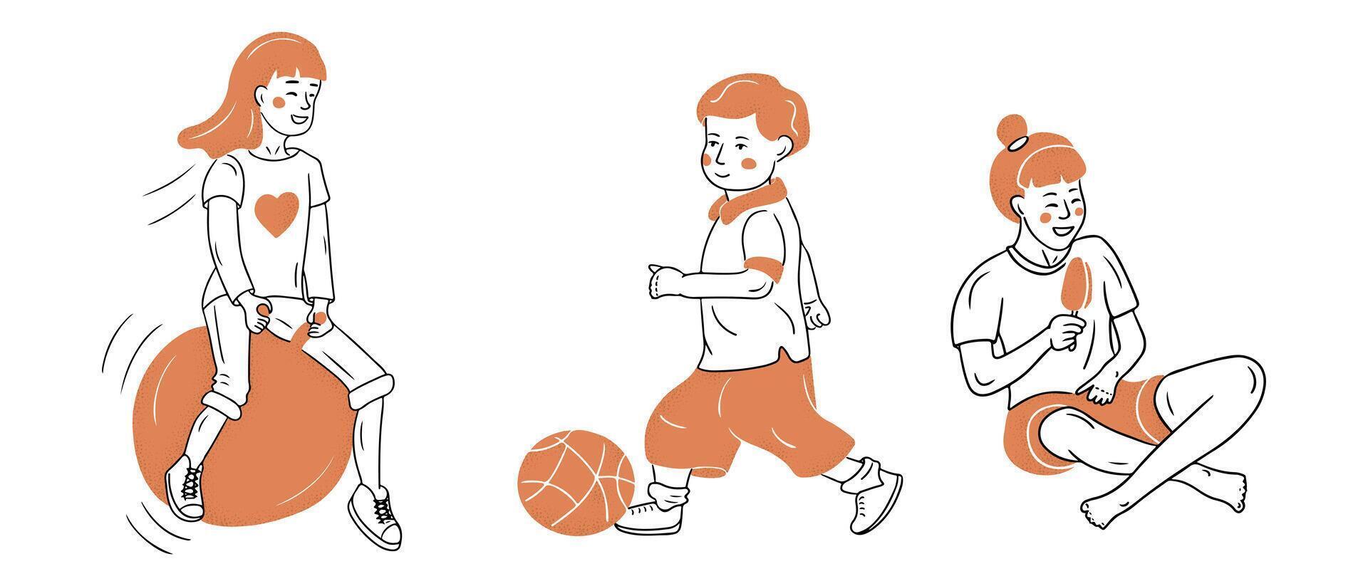 Set of doodle contour drawing of happy playing and eating children. Jumping on fitness ball, playing football and eating ice cream. flat sketchy illustration isolated on white background vector
