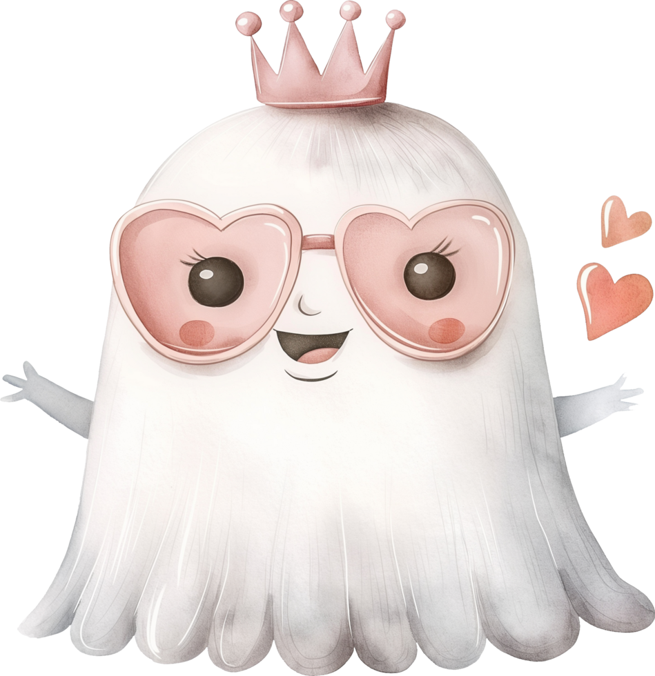 Cute ghost wears a crown wearing heart shaped glasses png