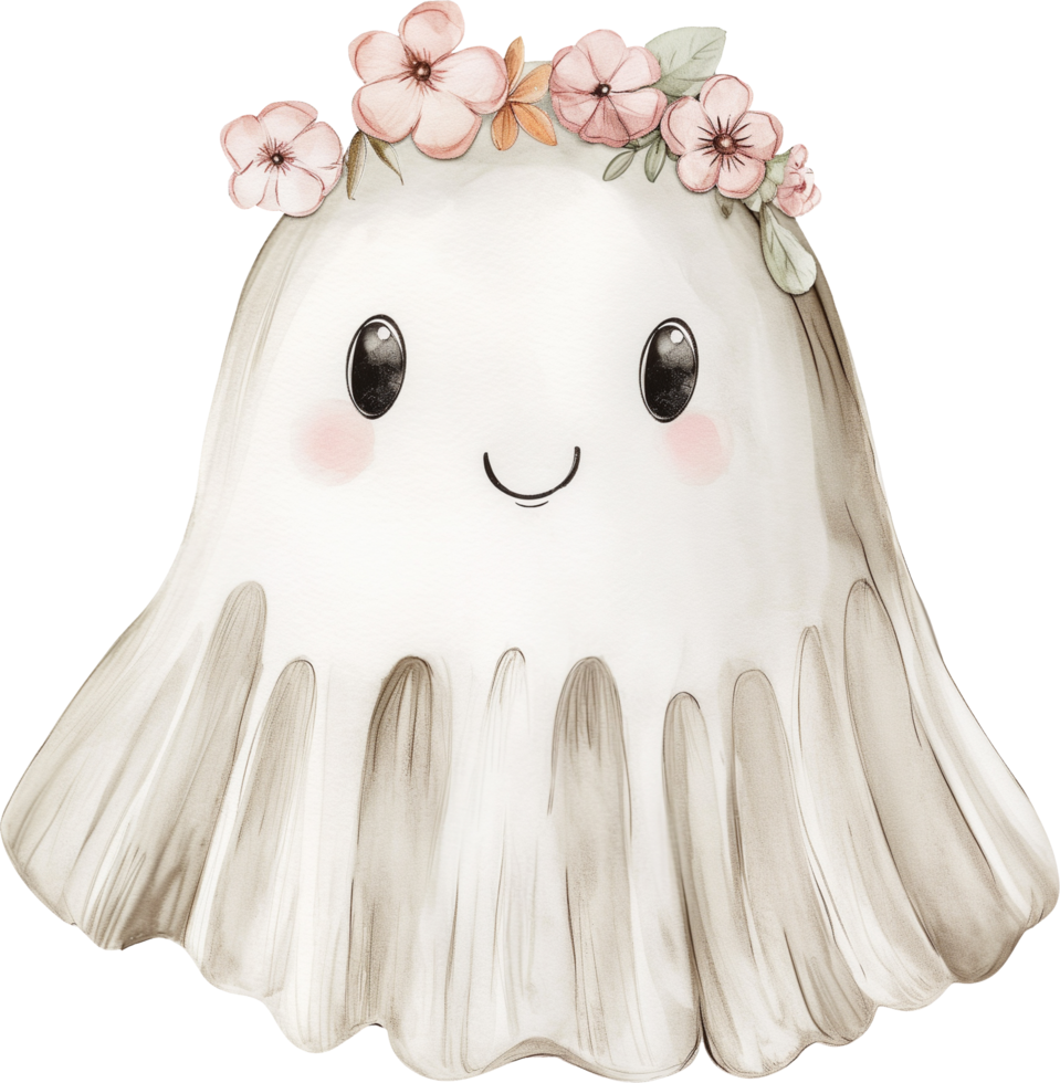 Cute ghost wears a crown with a flower crown png