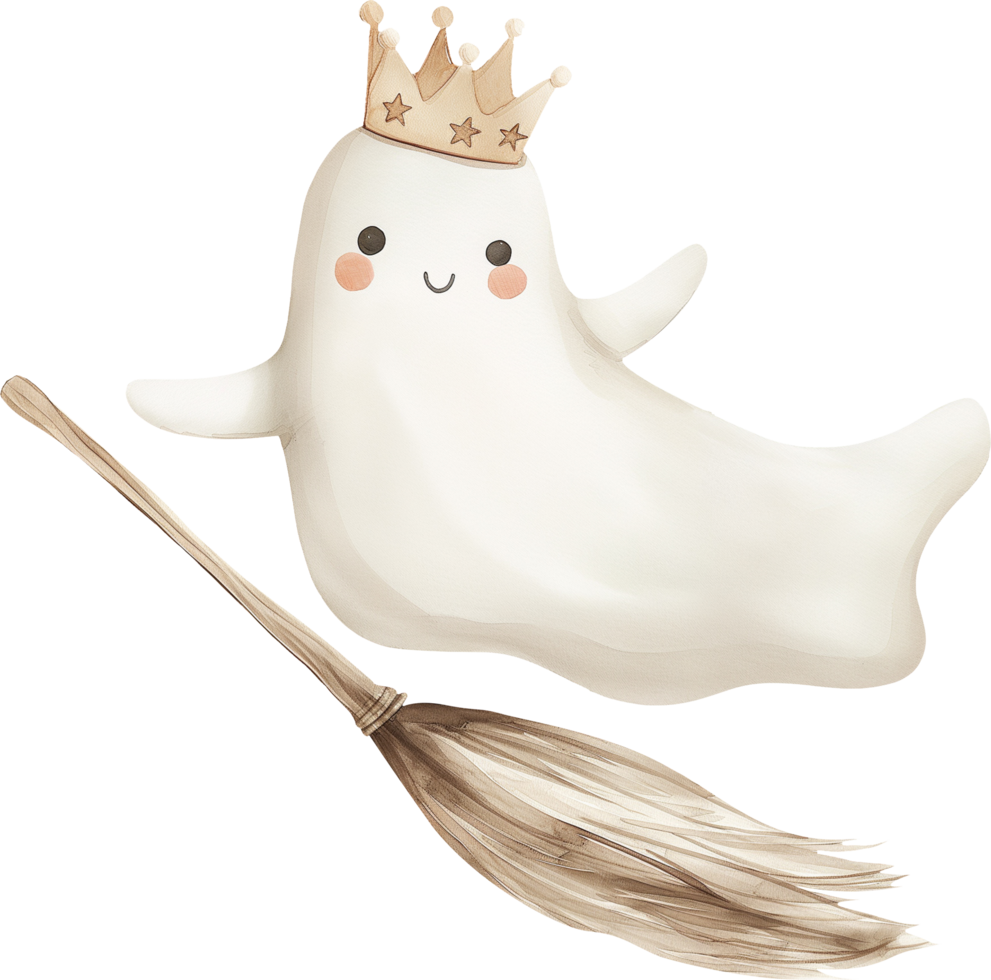 Cute ghost wears a crown on a broomstick png