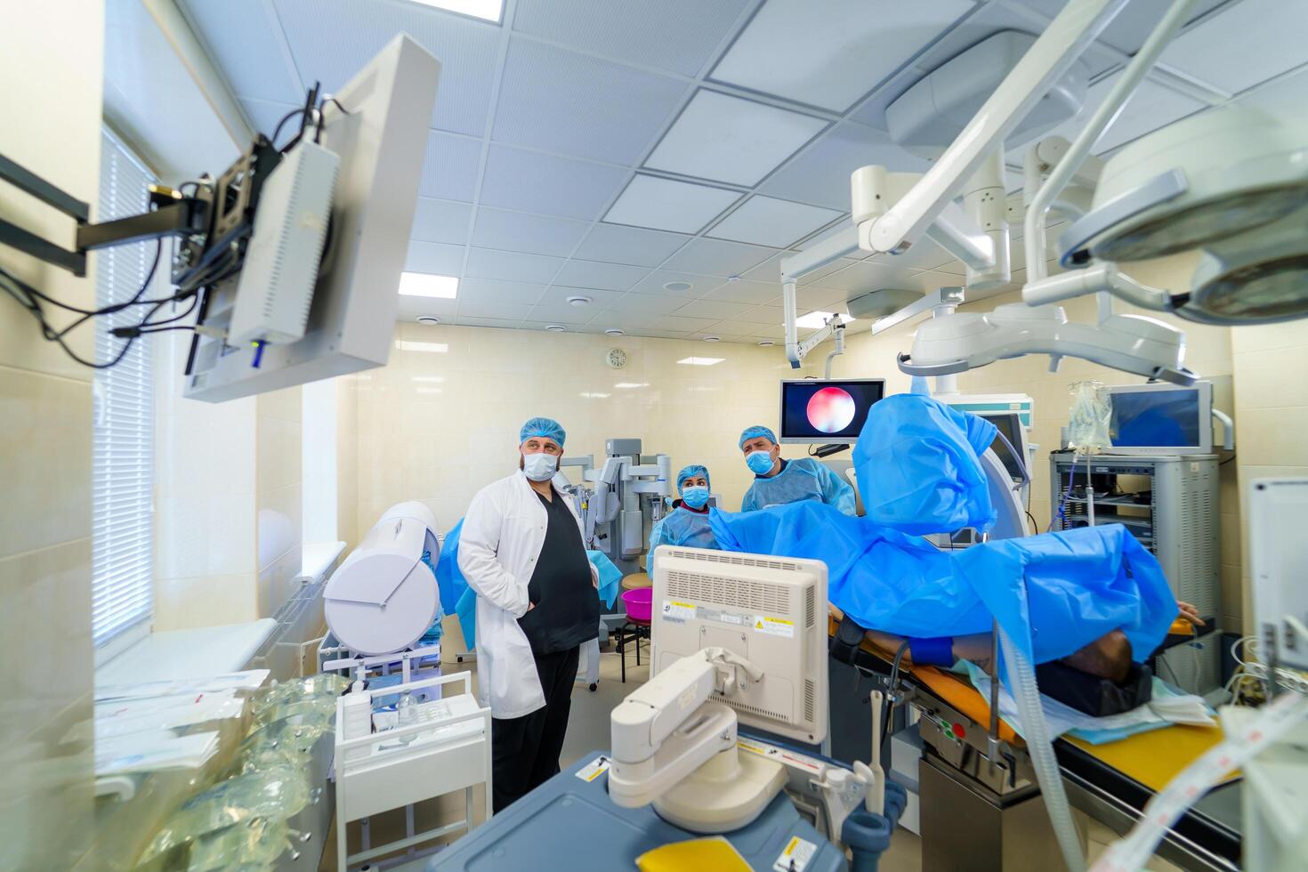 In advanced operating room with lots of equipment. Professional emergency operating room. photo