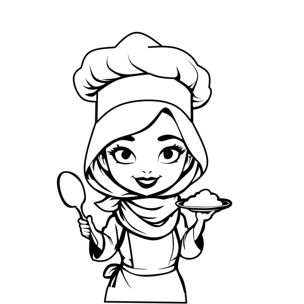 Chef hijab logo mascot line art vector