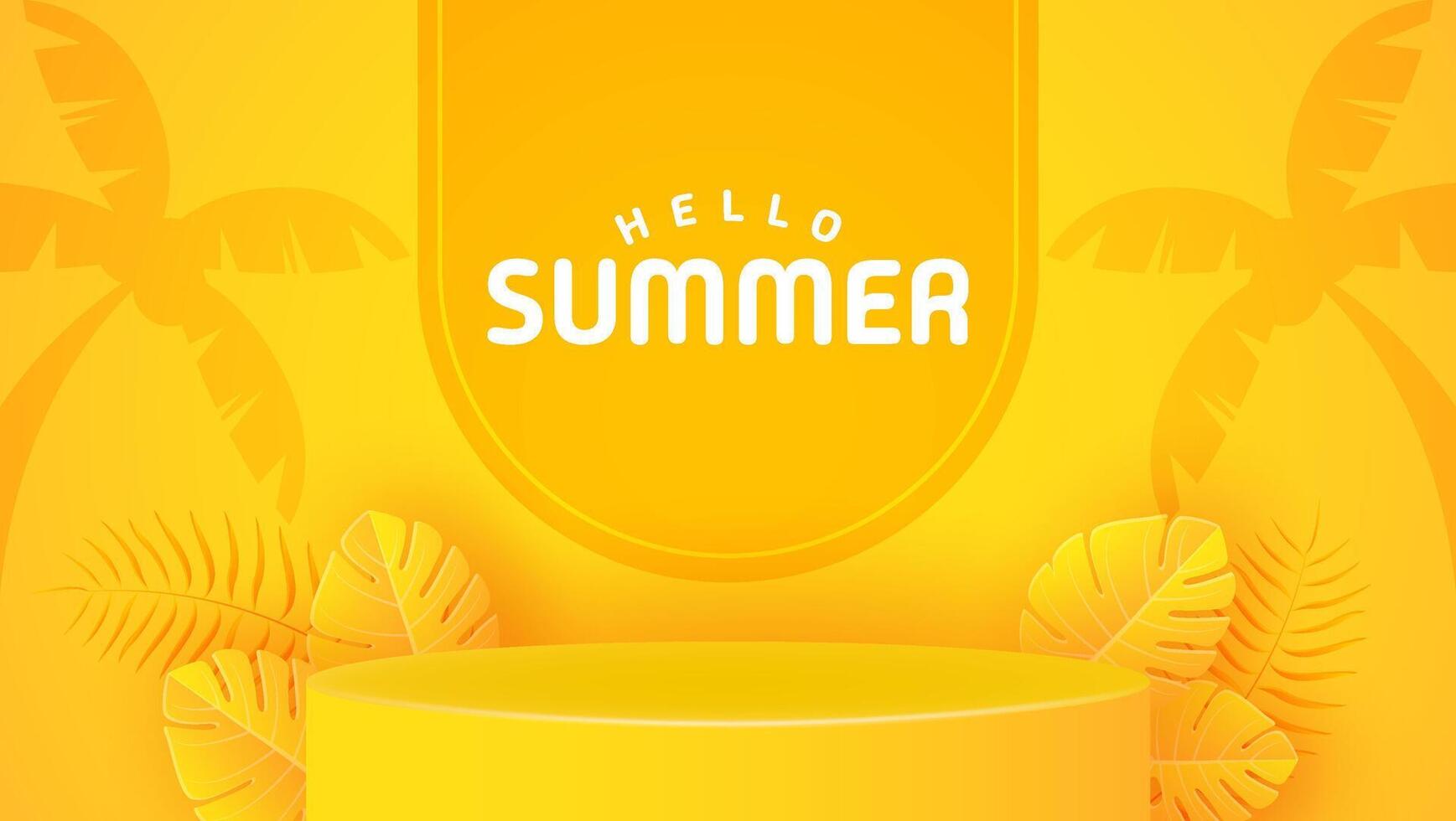 Summer background podium with yellow leaves. Summer background in paper craft style. paper cut and craft style. vector