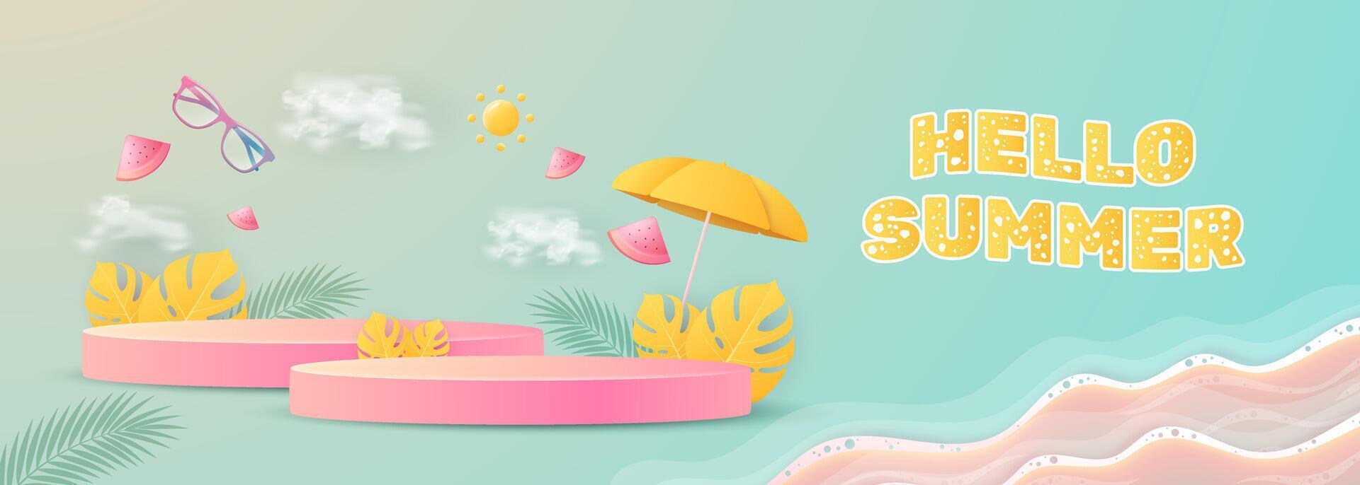 Hello summer poster banner display podium with summer beach scene design background vector