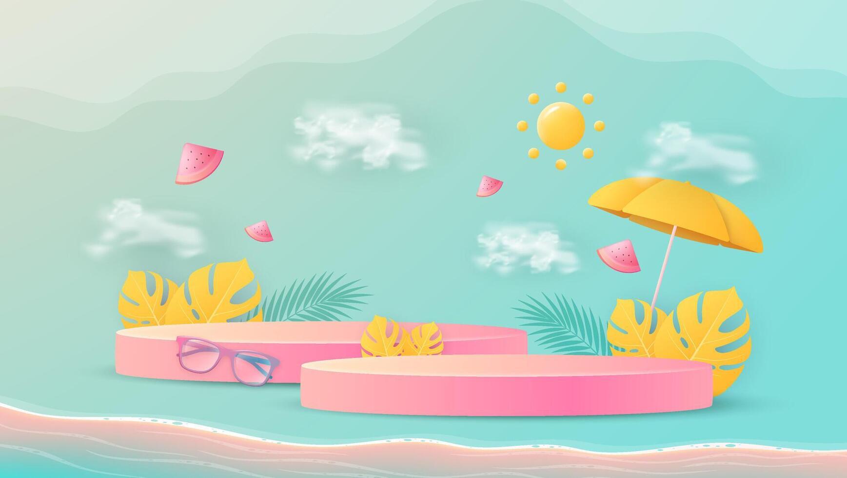 Hello summer poster banner display podium with summer beach scene design background vector