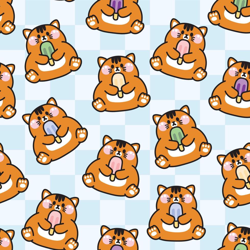 Seamless pattern of cute cat hold ice cream on pastel background.Pet animal character cartoon design.Image for card,baby product,Print screen clothing.Meow lover.Kawaii.Illustration. vector