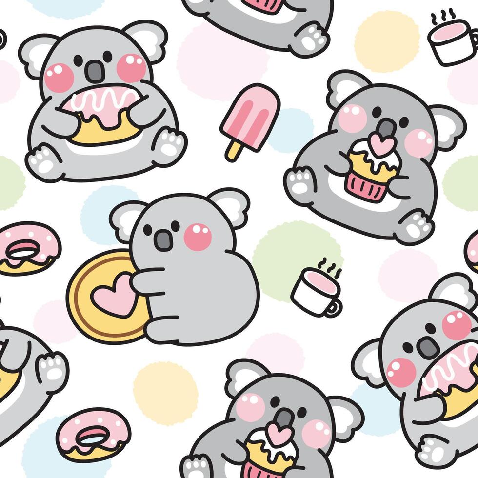 Seamless pattern of cute koala bear hold various dessert and sweet background.Wild mammal animal character cartoon design.Donut,coffee,ice cream.Image for card,baby product,Print screen clothing. vector