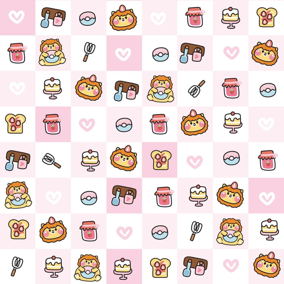 Seamless pattern of cute lion hold donut with bakery icon background.Wild animal character cartoon design.Image for card,Print screen clothing.Heart,cake,jam, bread,strawberry.Kawaii. vector
