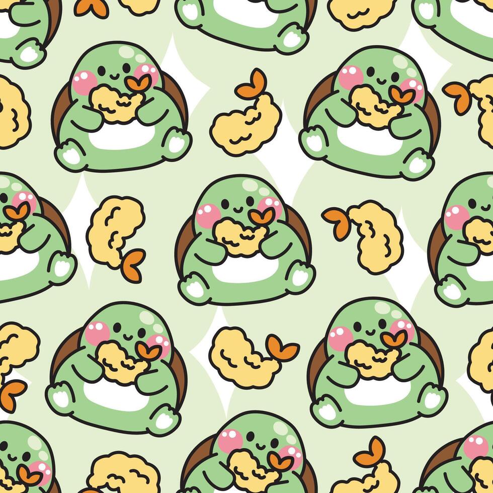 Seamless pattern of cute turtle hold tempura is japanese food pastel background.Reptile animal character cartoon design.Image for card,baby product,Print screen clothing.Kawaii.Illustration. vector
