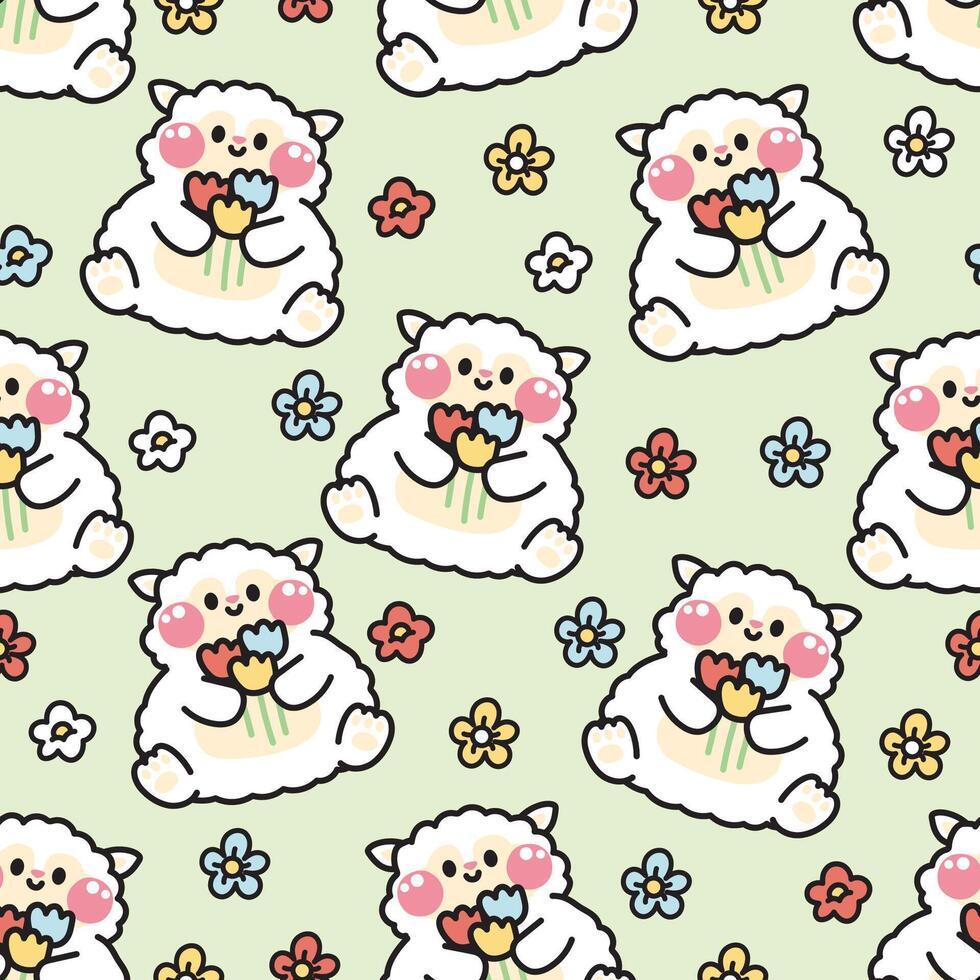 Seamless pattern of cute sheep hold flower on pastel background.Sheep animal character cartoon design.Image for card,baby product,Print screen clothing.Spring.Nature.Kawaii.Illustration. vector