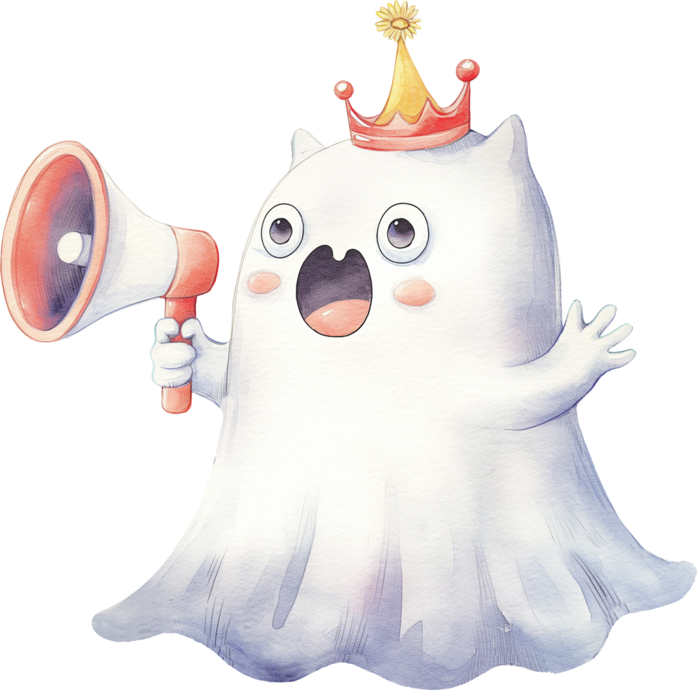 Cute ghost wears a crown with a megaphone png