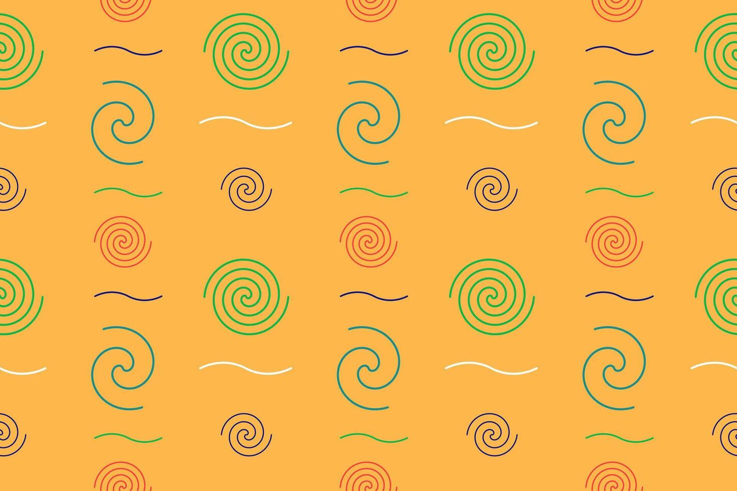 Bright and playful seamless Memphis style pattern with colorful spirals and wavy lines on an orange background. Ideal for textiles and digital designs vector
