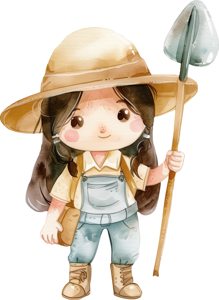 Cute Archeologist, carrying an excavation tool png