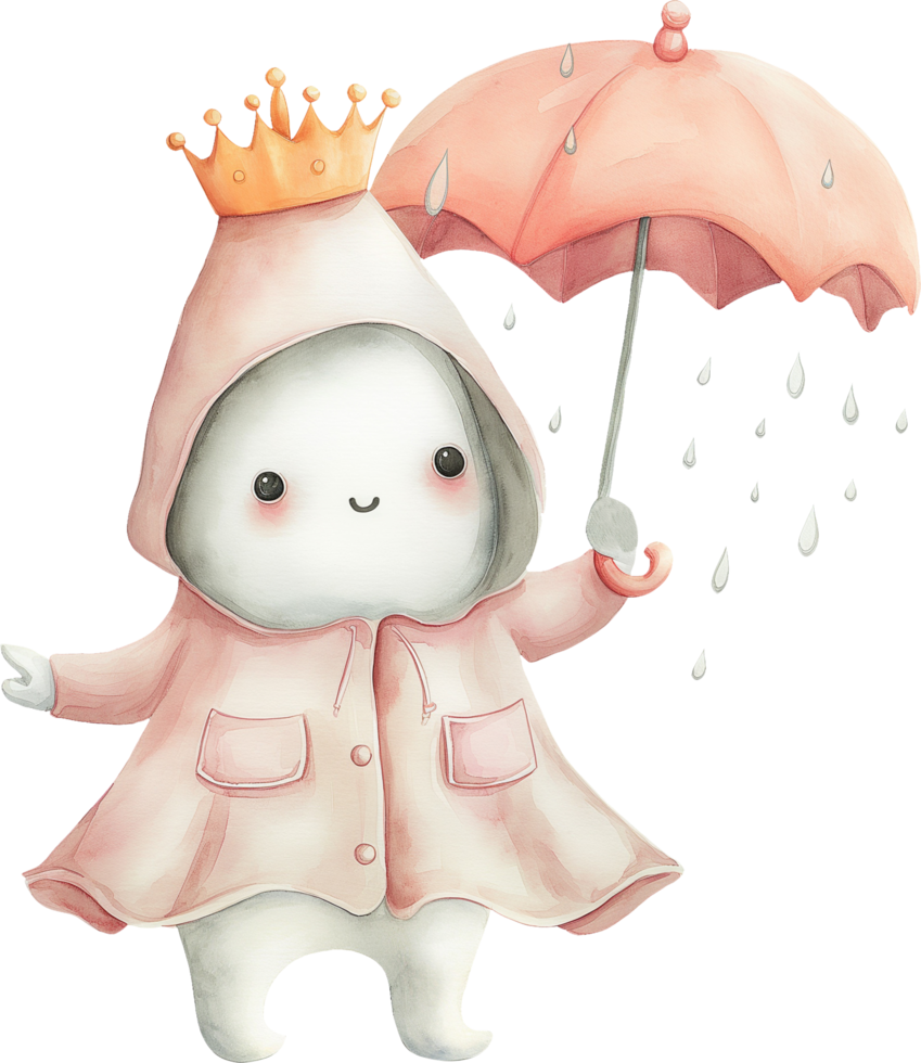 Cute ghost wears a crown in a raincoat with an umbrella png