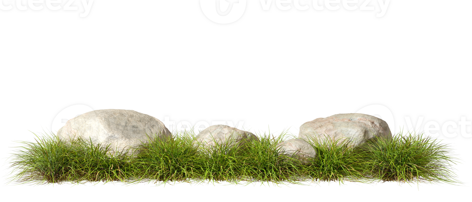 Greenery grass fields meadow row with rock composition cutout backgrounds 3d rendering png