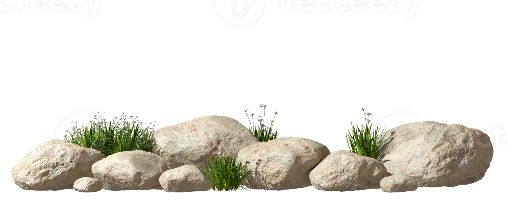 Nature realistic rocks position landscape with grass flower isolate backgrounds 3d render png