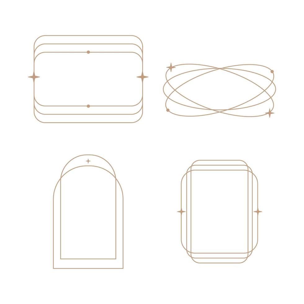 minimalist linear frame line elements, trendy linear frames with stars, arch frames, geometric forms. Decorative set of frames vector