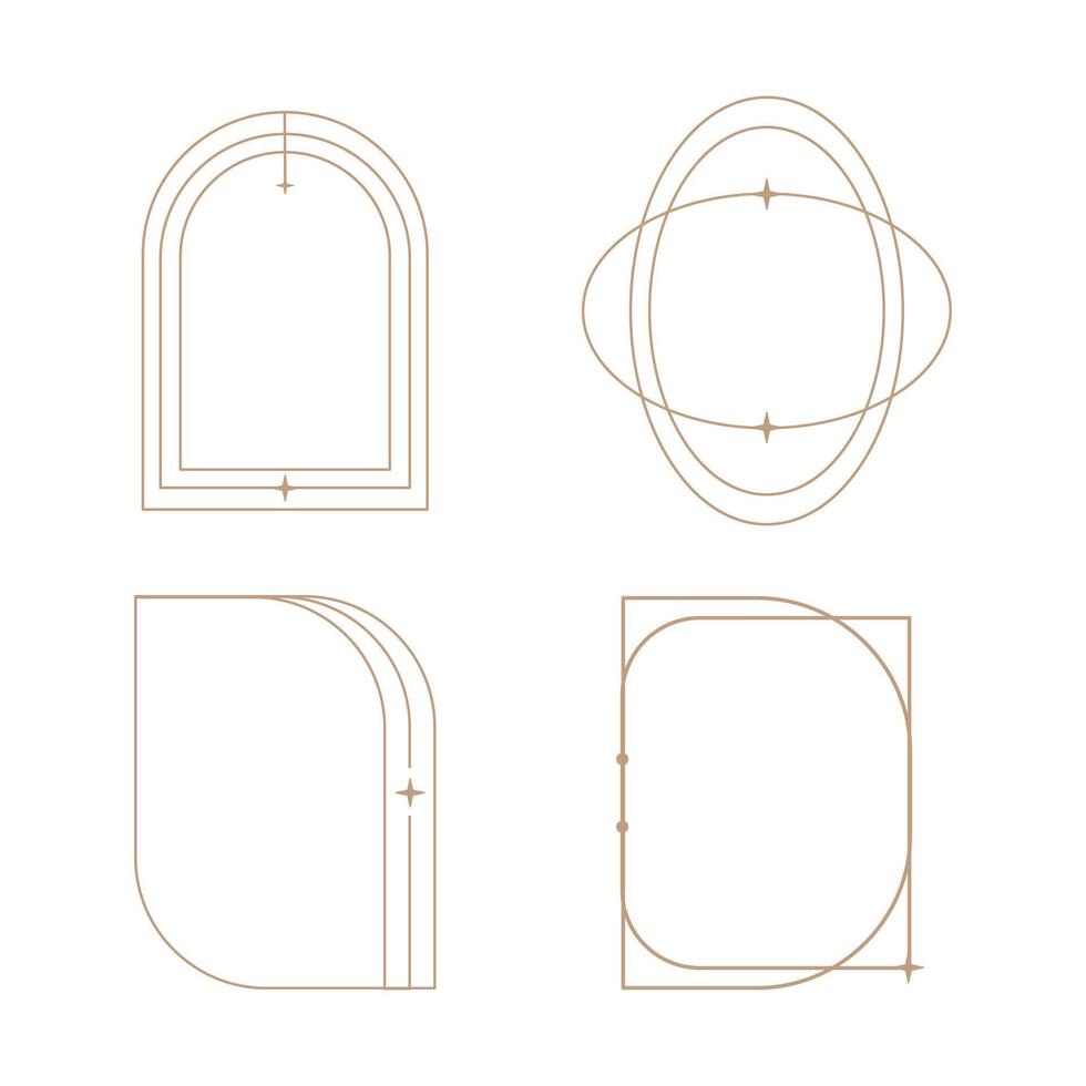 minimalist linear frame line elements, trendy linear frames with stars, arch frames, geometric forms. Decorative set of frames vector