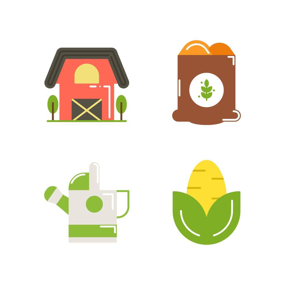 set of Farming icons style flat Illustration with Barn, firtalizer, Watering Can and corn isolated white background. vector