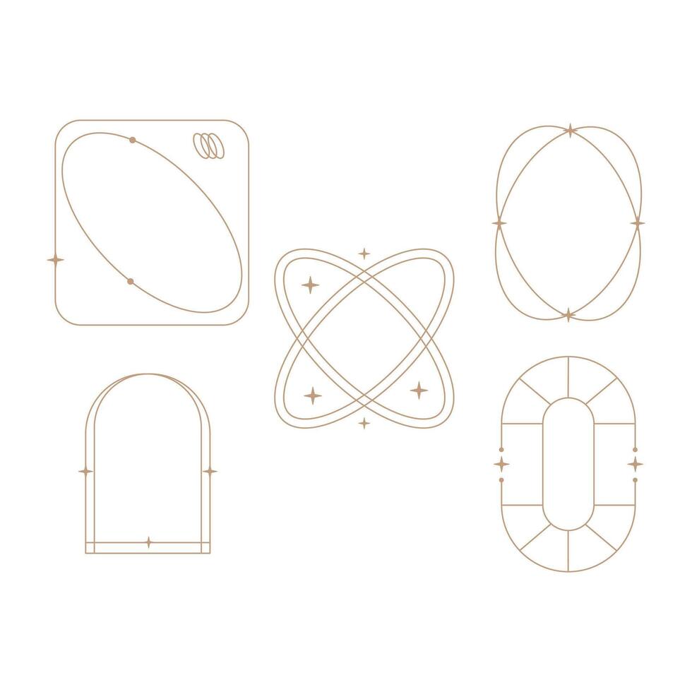 minimalist linear frame line elements, trendy linear frames with stars, arch frames, geometric forms. Decorative set of frames vector
