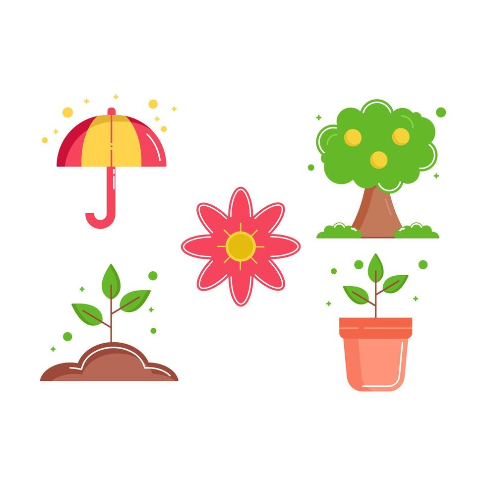 set of Farming icons style flat Illustration with Umbrella, Tree,soil plant and plant pot isolated white background. vector
