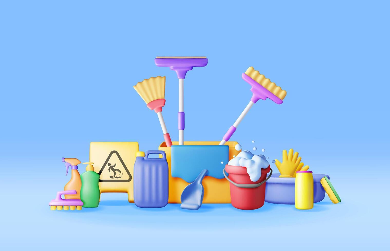 3D set of home cleaning tools isolated. Render collection of accessories for washing dishes and house cleaning. Bottle of detergent, sponge, soap gloves. Bucket, mop broom dustpan. vector