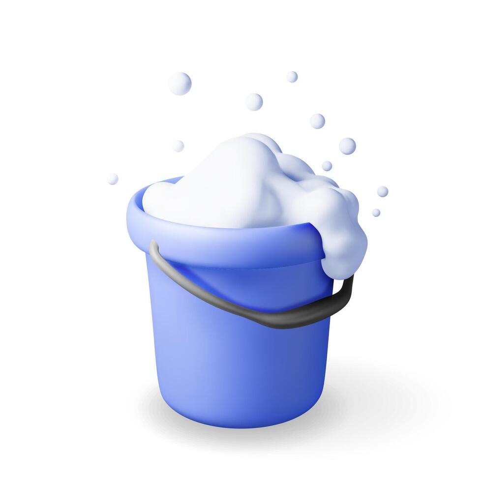 3d plastic bucket with soapy foam and bubbles isolated. Render bucket icon for cleaning and washing. House cleaning equipment. Household accessories. vector
