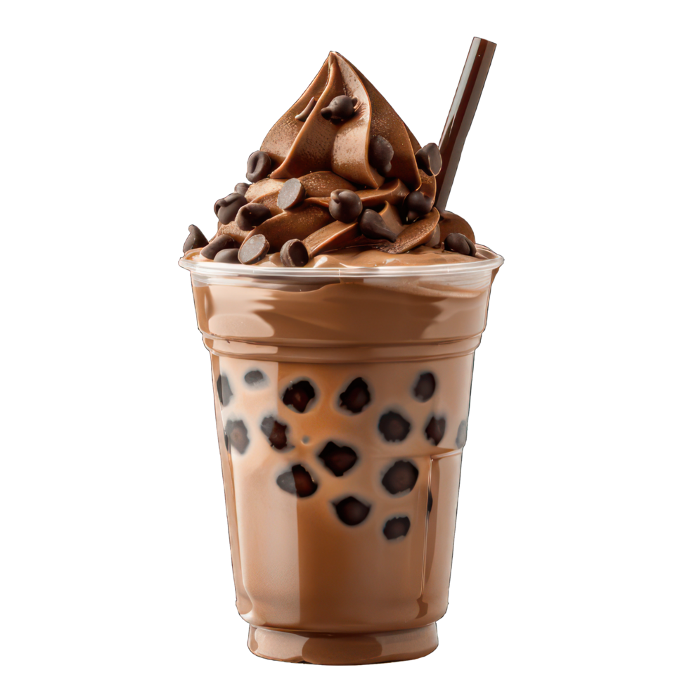 Decadent Chocolate Bubble Tea with Tapioca Pearls, Refreshing and Sweet Iced Beverage in a Cup with Whipped Cream png